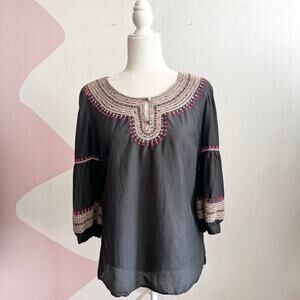 Lucky Brand Embroidered Peasant Top‎ Boho Western Festival Hippie Small